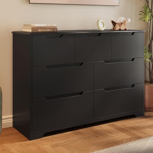Gizoon 7 Drawer Dresser, 48" Wide Wood Chest of Drawers for Bedroom, Black Modern Storage Organizer, Handle Free Design, Living Room, Kids Room, Entryway, Hallway, Black