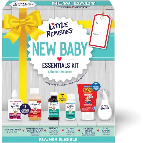 Little Remedies New Baby Essentials Kit with Saline Nasal Spray, Diaper Rash Cream, Gas Relief Drops, Gripe Water & More, Safe for Newborns