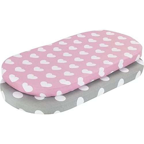2-Pack Bassinet Sheets - 100% Cotton Jersey Knit Hearts and Dots Bassinet Mattress Pad Fitted Sheets for Baby Girl; Compatible with Bassinet Bedside Co-Sleeper Lounger Brands; Oval Rectangle Mattress