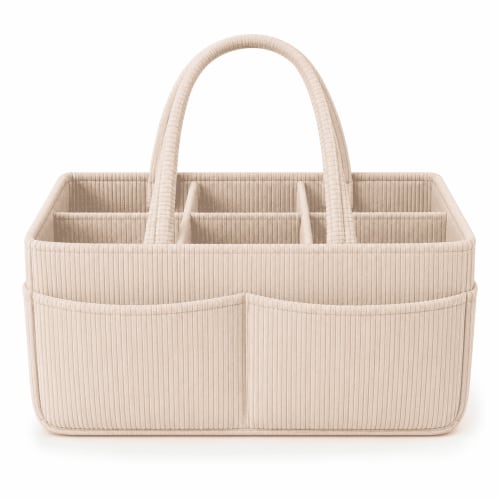 PLERISE Corduroy Baby Diaper Caddy for Newborn Essentials, Nursery Storage Basket with Handles for Changing Table Car, Cream, 1 Pack