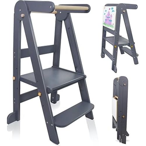 Foldable Toddler Tower Kitchen Step Stool, Standing Tower with Whiteboard, Toddler Kitchen Stool Helper with 3 Adjustable Height, Step Stool for Kids 1-6 Years, Grey