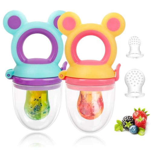 Baby Solids/Frozen Fruit Feeder Pacifier, Infant Teether Toy 4M+, BPA-Free Silicone Pouch & Nipple, Safely Introduce Solids, Teething Relief, 2-Pack (Mickey - Blue Yellow, S/M/L)