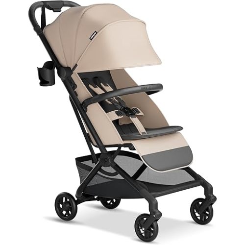 Mompush Velo Lightweight Travel Stroller – One-Hand Fold, Ultra-Compact & Airplane Friendly, Lie-Flat Recline Seat (from Birth to 50 lbs), Includes Cup Holder, Shoulder Strap, and Leather Bumper Bar