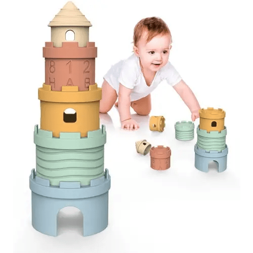Silicone Stacking Castle Toy, Soft Teether Toy, Montessori Educational Toy for Babies and Toddlers, 6+ Months, BPA Free, 5 Piece Set