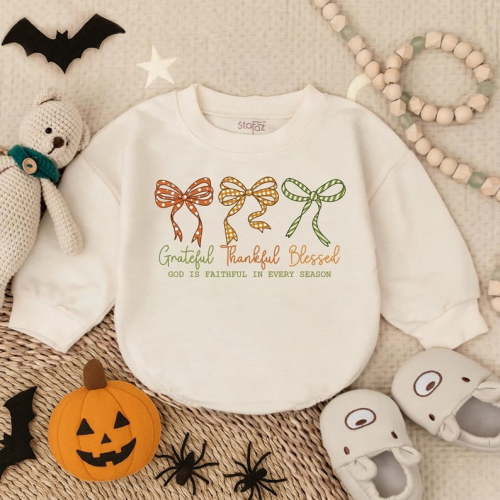 Grateful Thankful Blessed Baby Girl Romper - Christian Fall Bubble Outfit - Faith Based Autumn Bodysuit - Thanksgiving Clothes with Bow