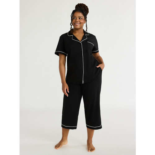 Joyspun Women's Cotton Blend Notch Collar Top and Capri Pants Pajama Set, 2-Piece