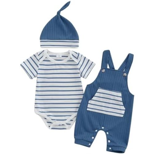 Newborn Baby Boy Summer Clothes Stripe Short Sleeve Romper Suspender Pants Hat 3Pcs Set Cute Coming Home Outfit