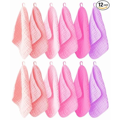 12 Pack - 100% Cotton Baby Wash Cloths for or Baby Face Body Comfy and Soft for Newborn Infants Kids Girls and Boys - 12"x12" - Pink, Purple and Sakura Series