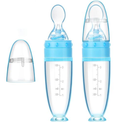 2 Pieces Silicone Baby Spoons Baby Feeding Spoon with Standing Base for Infant 0-24 Months Dispensing and Feeding (Blue)