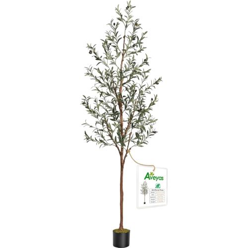 Aveyas 7ft Artificial Olive Tree for Home Decor, 7 Feet Large Faux Plant Fake Skinny Silk Trees with Black Olivo for Indoor Outdoor House Living Room Office (7 ft Tall)