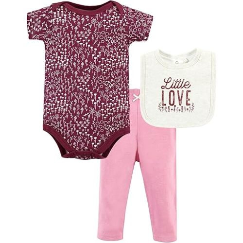 Hudson Baby Unisex Baby Cotton Bodysuit, Pant and Bib Set, Little Love Flowers, 3-6 Months