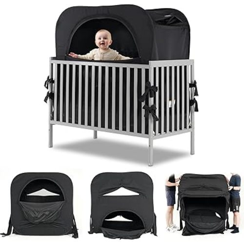 Poray Pop up Baby Privacy Bed Tent Sleeping Crib Tent Cover for Toddler,Blocks 80% Light with Monitor and Fan Pouch Design with Zipper Doors,Breathable Mesh Windows