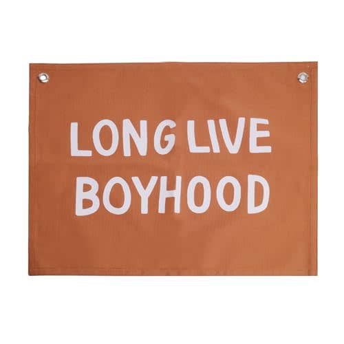 Canvas Long Live Boyhood Banner Wall Flag Wall Art for Nursery,12"x 16" Modern Kids Room Decor Kids Banner Canvas Banner Brown Flag