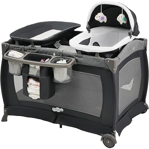 Pamo Babe Playard Portable Playard Foldable Playpen for Baby and Toddler Portable Crib Mattress Diaper Changer for Newborn (Grey)