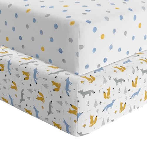 Featherhead™ 2-Pack Fitted Crib Sheets - 100% Cotton - 52" x 28" x 9" for Standard Crib and Toddler Mattress (Percale Blue Foxes)