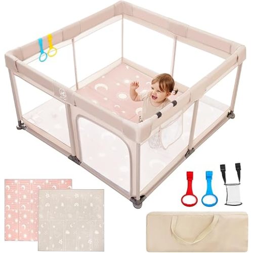 Baby Playpen with Mat, 50x50x27 IN Large Playpen for Babies and Toddlers, Safety Play Yard for Infant, Indoor & Outdoor Play Pen, Baby Fence with Soft Breathable Mesh, Parc pour Bébé