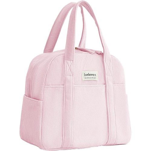 Insulated Lunch Bag for Women, 6-Hour Cold Retention Cooler Tote with Sturdy Handle, 15-Can Spacious Capacity, Leakproof Corduroy Fabric & Aluminum Foil Lining, (Pink)