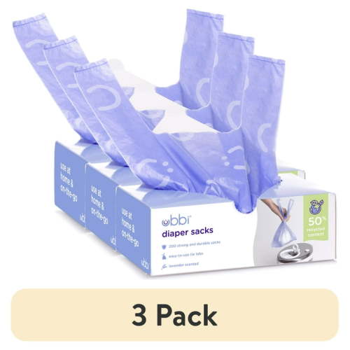 (3 pack) Ubbi Disposable Diaper Sacks, Lavender Scented, Easy-to-Tie Tabs, Diaper Disposal , 200 Count