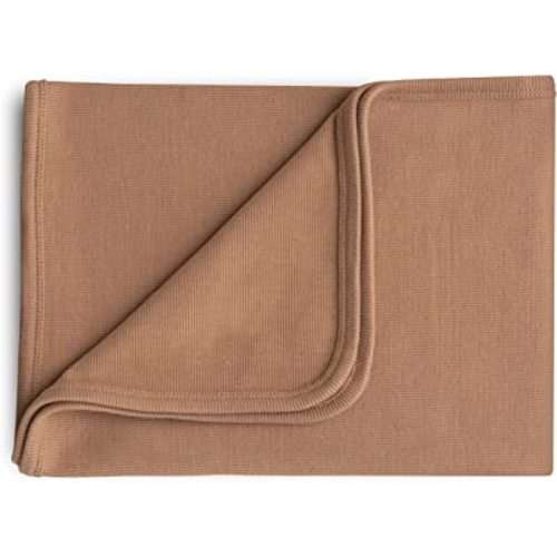 mushie Extra Soft Baby Blanket | Organic Cotton Ribbed Receiving Blanket, Swaddle, Stroller | 35x35 Inch (Tan)