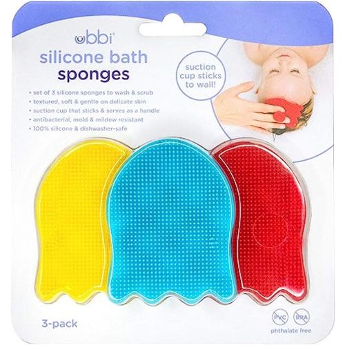 Ubbi Jellyfish Silicone Baby Bath Sponges, Baby Bathing and Care Essentials for Newborns, Baby Bath Brushes for Dry Skin and Cradle Cap, Set of 3 - Multicolor