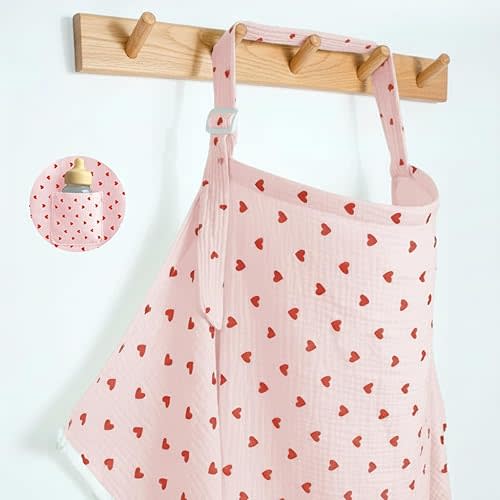 Muslin Nursing Covers for Breastfeeding, Arch Neckline Breast Feeding Covers for Women, Moms Privacy Breathable Summer Nursing Apron, 43.3" x 25.6" Soft Feeding Cover (Pink Red Heart)
