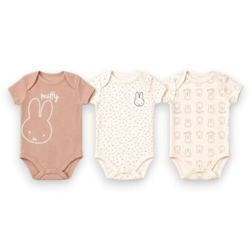 Miffy Baby Boys' 3-Pack Short Sleeve Soft Cotton Blend Bodysuit Set, Sand/Off-White Miffy, 6 Months