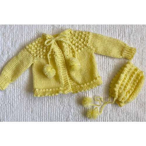 Vintage 80s Newborn Baby Girl's Sweater Set *0-3 Months* YELLOW Pom-Pom Crochet Cardigan and Hat