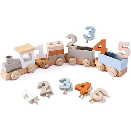Wooden Train Set for Toddler Toys 14pcs Montessori Train Toy Set for Baby 3-5 Years Wooden Train Cars with 1 2 3 4 5 Numbers & Blocks Birthday Gift for Boys Girls