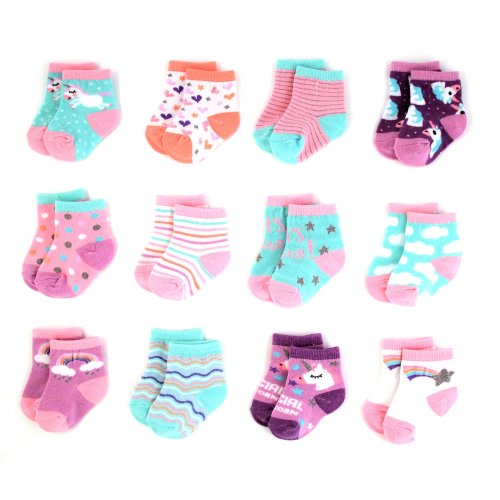 Rising Star Baby Girls Assorted Color Designs 12 Pair Socks Set, Age 0-6 Months