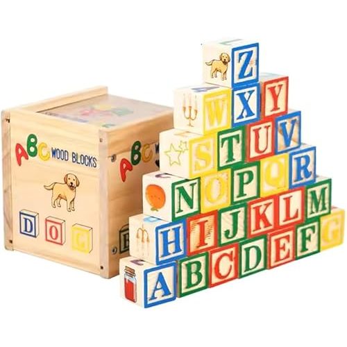 ABC/123/Shapes/Patterns 1-Inch Blocks Set With Storage Wooden Box (26 pcs) - Letters And Numbers/ABC Classic WoodenBlocks For Toddlers And Kids Ages 3+ (Wooden ABC Blocks)
