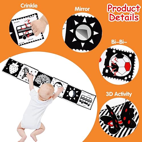 Black and White High Contrast Baby Toys 0-6 6-12 Months Soft Book for Newborn Brain Development Tummy Time Toys Infant Sensory Crinkle Toys 0-3 3-6 Month Montessori Learning Activities for Babies