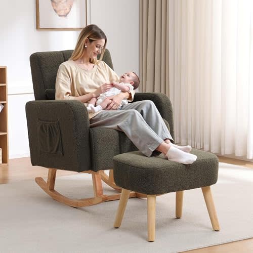 HCHAIRH Rocking Nursing Chair with Ottoman, Upholstered Glider Rocker Armchair with Side Pocket and High Backrest, Comfy Reading Chair with Solid Wood Legs for Nursery, Living Room,Bedroom, Green