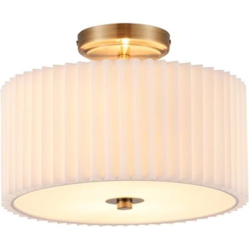 VONLUCE Semi Flush Mount Ceiling Light, 13'' Ceiling Light Fixture with Pleated Shade, 2-Light Modern Drum Light Fixture for Bedroom Living Room Entryway Hallway, White Shade & Bronze Finish