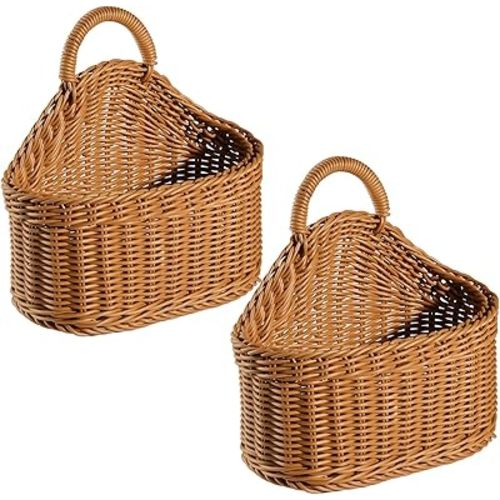 Hanging Wicker Baskets for Wall, Set of 2, Brown, Small Size, Wall Hanging Storage Baskets with Oval Handle, 19 in Base, 17 in Height, Multipurpose for Home Decoration and Storage