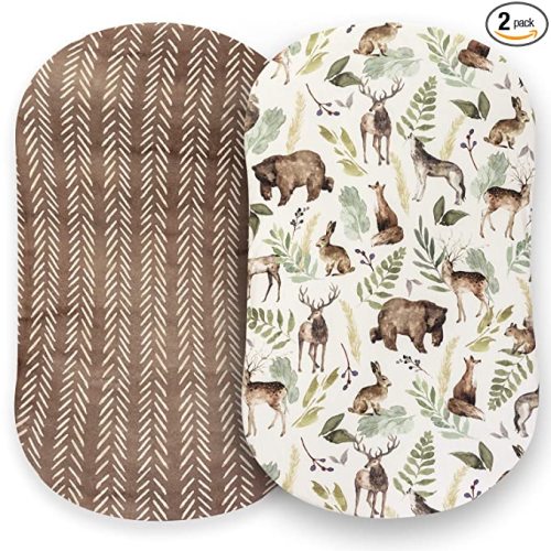Pobibaby - 2 Pack Premium Bassinet Sheets for Standard Bassinets - Ultra-Soft Cotton Blend, Stylish Woodland Pattern, Safe and Snug for Baby (Wildlife)