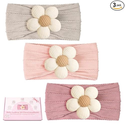 CÉLLOT Baby Flower Headbands Baby Girls Nylon Headbands Baby Essentials Stretchy Hairbands Handmade Hair Accessories for Newborn Infant Toddlers Kids (Pink,Khaki Gray,Dusty Pink)