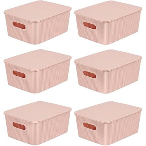 Glad Storage Baskets with Lids - Set of 6 Stackable Plastic Boxes with Handles - Decorative Shelf Organizer Bins for Bathroom and Closet, Pink, 1 Gallon