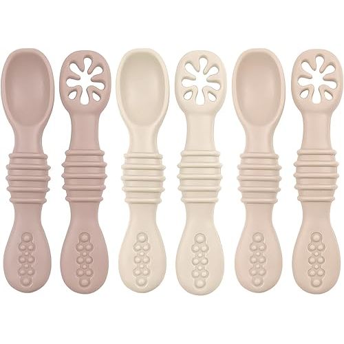 Baby Bliss 6 Pack Baby Spoons Self Feeding 6 Months +, Canadian Mom Owned Brand, Silicone Baby Feeding Spoons, Toddler Infant Baby Led Weaning Spoon, BPA Free (Caramel, Cream, Almond)