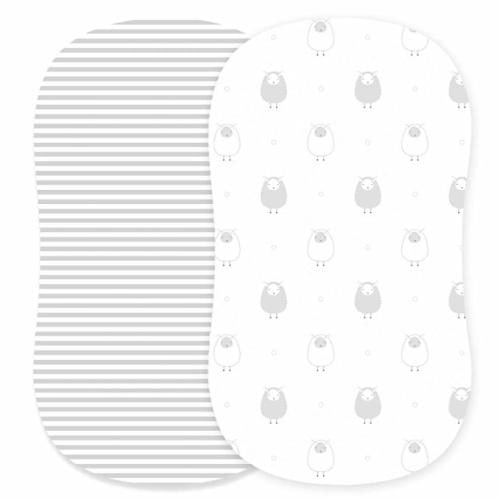 Cuddly Cubs Bassinet Sheets Set – 2 Pack – Snuggly Soft Jersey Cotton Cradle Sheets – Fitted Perfectly for Halo Bassinet, Fisher Price, Delta, Graco and Other Oval Basinette – Grey Stripes, Sheep