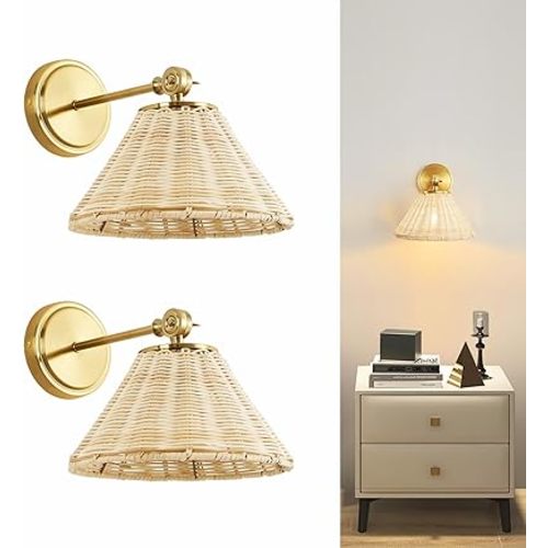 Rattan Wall Sconces Set of 2, Hardwired Wall Lamp Fixture Bedroom Bedside Wall Lamps, Gold Wall Lighting with Beige Rattan Shade, Up-Down 180° Adjustable