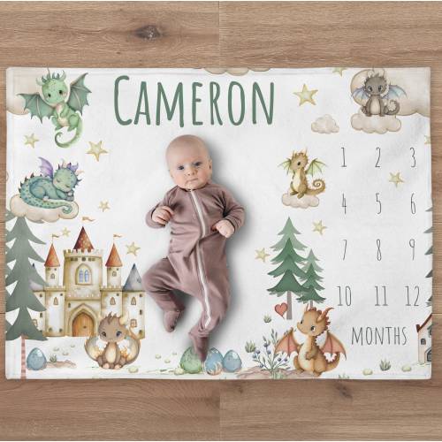 Personalized Dragon Baby Boy Milestone Blanket | Fairy Tale Name Blanket | New Baby Gift | Custom Dragon Theme Nursery | Baby Shower Gift