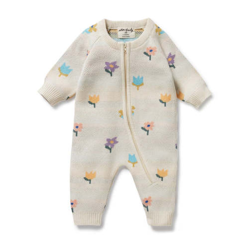 Organic Knitted Jacquard Growsuit - Flower Pop