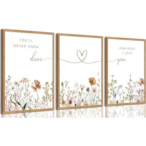 3Pcs Framed Boho Nursery Wall Art Flower Botanical Sentence Painting Picture Wall Decor Wildflower Children's Room Poster Print Artwork for Nursery Baby Room Living Room Bedroom Home Decoration