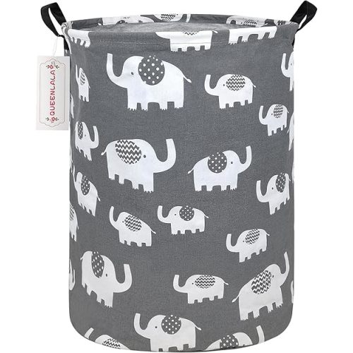 QUEENLALA Large Storage Basket,Laundry Hamper/Bathroom/Home Decor/Collapsible Round Storage Bin,Boys and Girls Hamper/Boxes/Clothing(Round-Elephant)