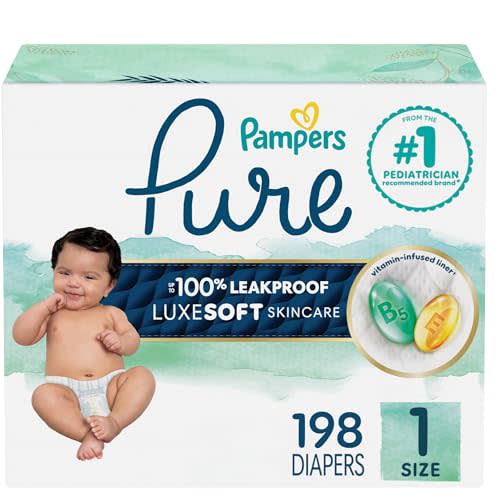 Pampers Pure Baby Diapers, Size 1 (8-14 lbs), 198, Up to 100% Leakproof, Premium Hypoallergenic Soft Diapers