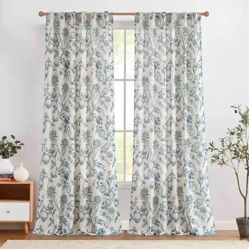 jinchan Linen Curtains Floral Curtains for Living Room 96 Inch Long Blue French Curtains Rod Pocket Light Filtering Toile Print Farmhouse Bedroom Curtains Window Curtain Set 2 Panels