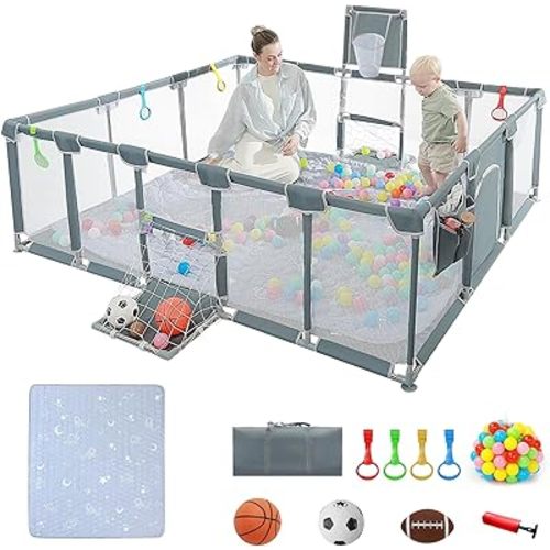 Baby playpen, 79"x71"Baby Playpen with Mat Indoor&Outdoor Playpen for Babies and Toddlers with Breathable Play Pen with Ocean Balls Hanging Pocket Basketball Hoop and Football Goal