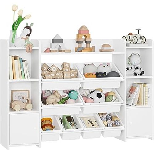 FOTOSOK 55''Large Toy Storage Organizer with 8 Toy Bins, Toy Organizers and Storage with Shelf and 6 Storage Cubbies, Bookshelf for Kids, Playroom Organization and Storage Bins, White