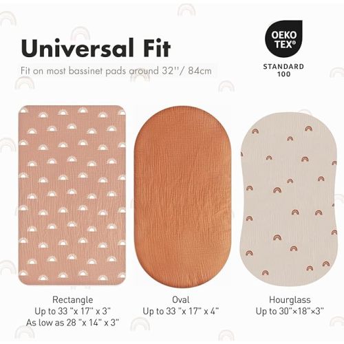 Gllquen Baby Muslin Bassinet Sheets 3 Pack, Breathable Elastic Cozy Fitted Cotton Bassinet Mattress Sheet for Baby Boy Girls, Fit for Hourglass Oval Rectangular Cradle Pad Sheets 33"x17"(Rainbow)