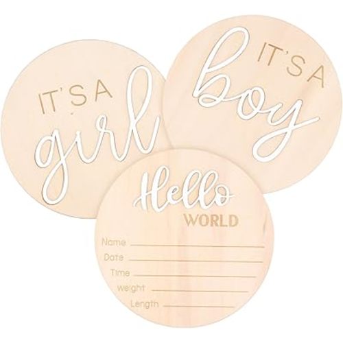 3pcs Baby Announcement Sign, Gender Reveal Announcement Cards Hello World Newborn Sign Its a Boy Girl Wooden New Baby Name Information Sign for Birth Baby Wall Decoration Shower Nursery Hospital